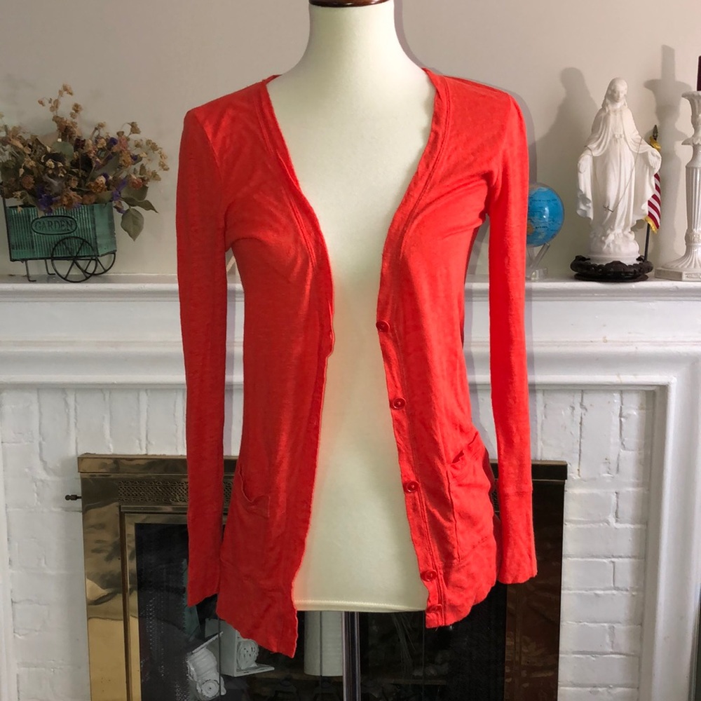 🌹J crew linen orange cardigan Sz XS